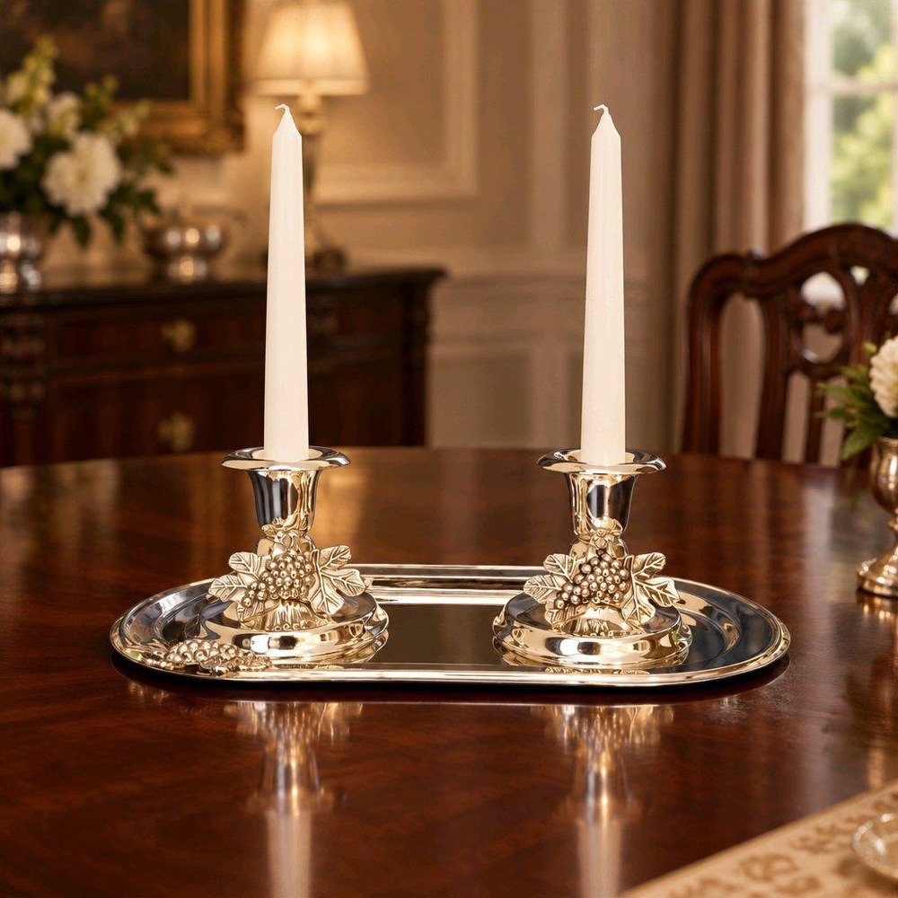 Silverplated Metal Candlestick Holders Grape Leaf Oval Tray Studio Silversmiths